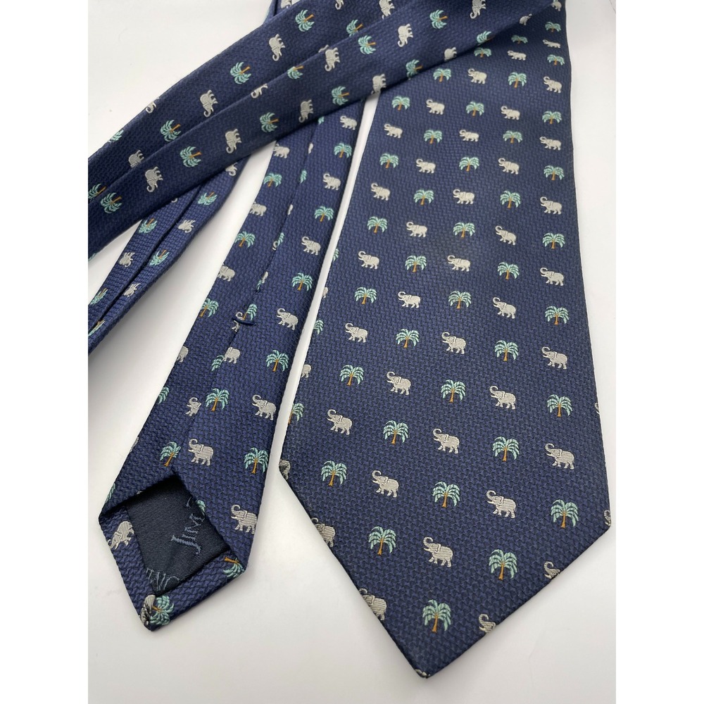 Jim Thompson Mens Navy Blue Silk Tie Elephant Palm Tree Tropical Safari Print